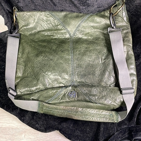 49 Square Miles Leather Hobo bag in green with purple stitching. - Picture 3 of 10